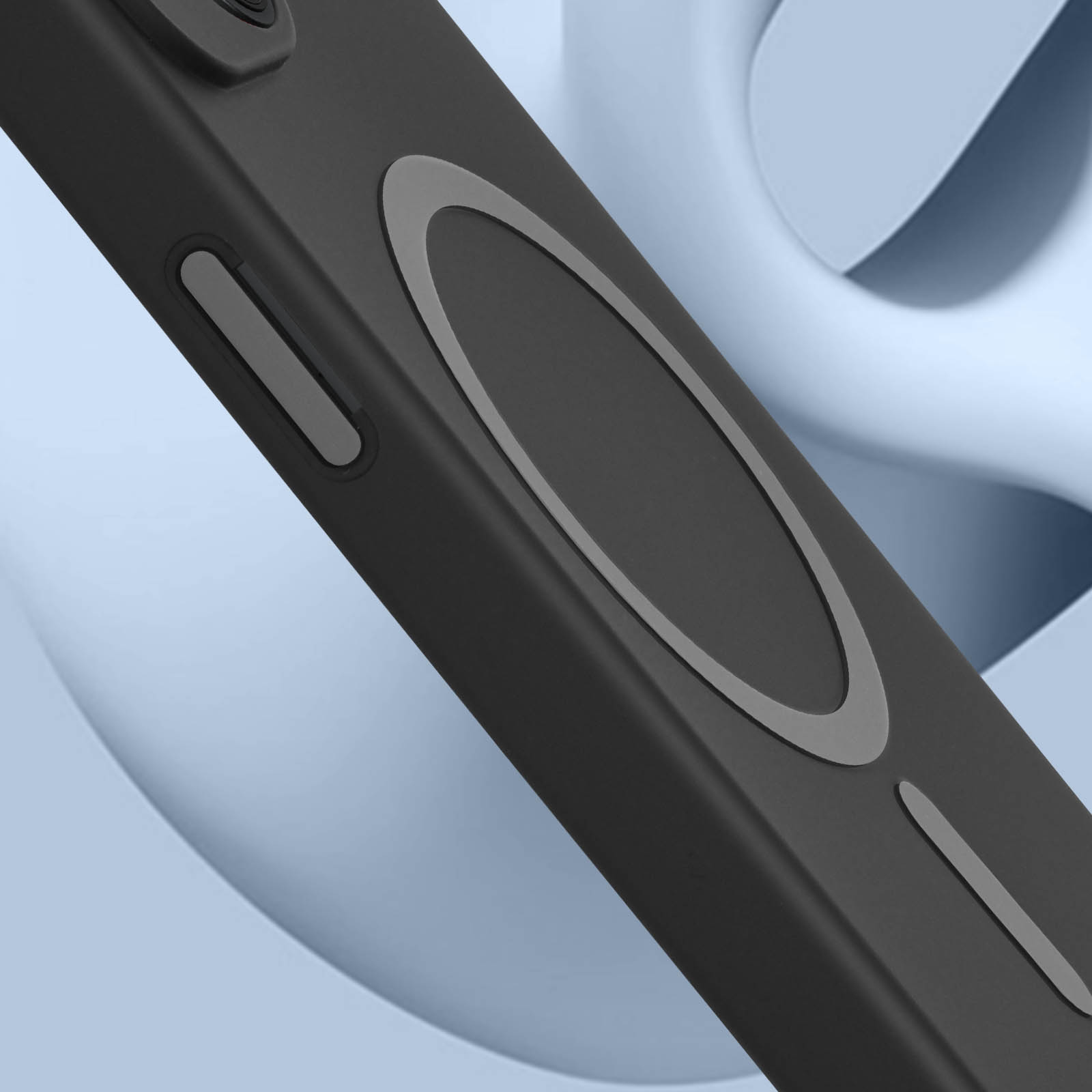 Custodia nera per telefono con contorno ad anello grigio. Lo sfondo è una forma astratta blu chiaro.