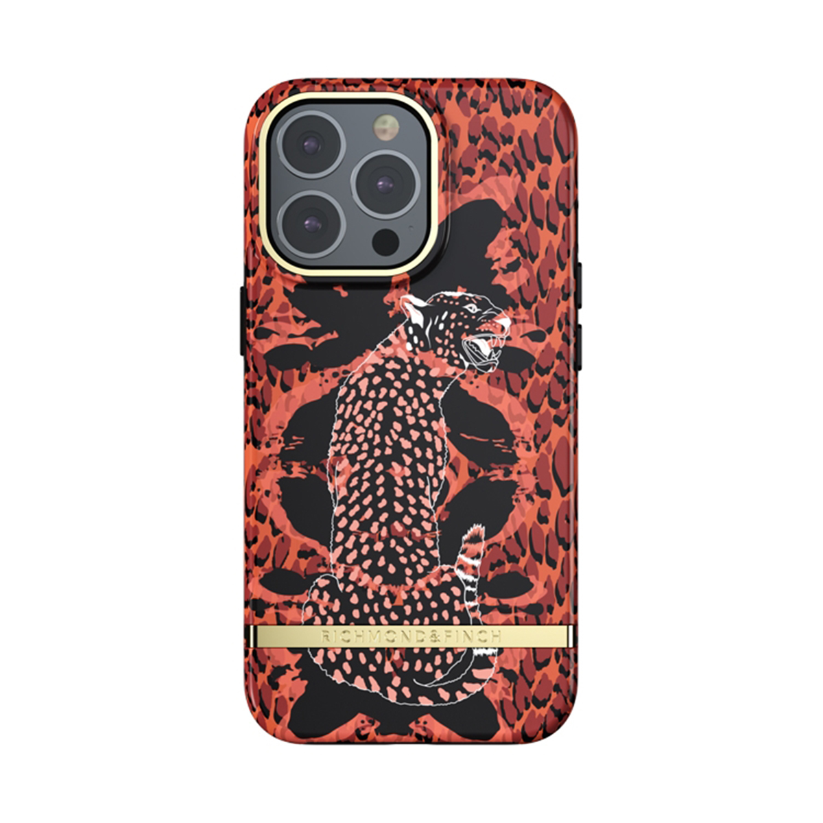 Custodia per telefono con stampa leopardata e un'illustrazione di tigre. Accento dorato in basso.