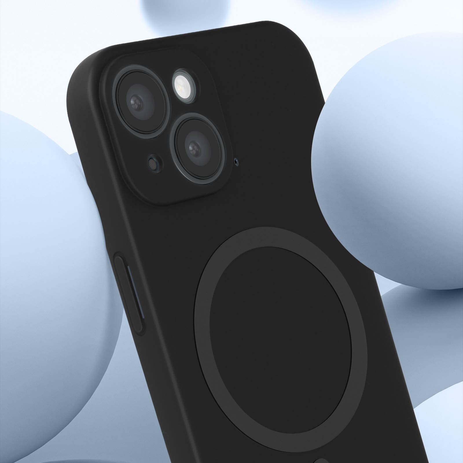 Una custodia per telefono nera con un cerchio nero e tre lenti sul retro, su sfondo blu.