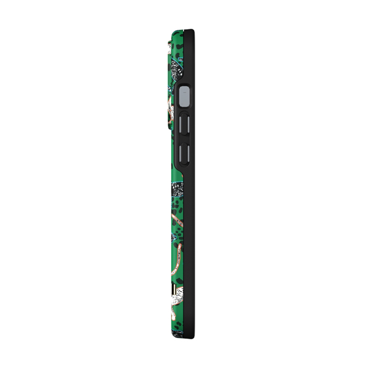 Lato della custodia del telefono verde, con un motivo a stampa leopardata bianca e nera.