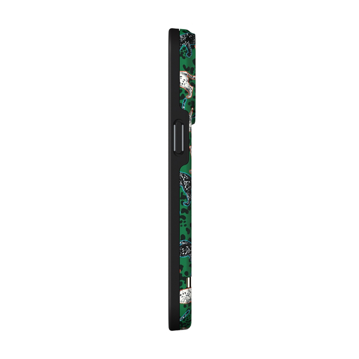 Custodia per telefono, verde con motivo bianco e nero e bordi neri, di lato.