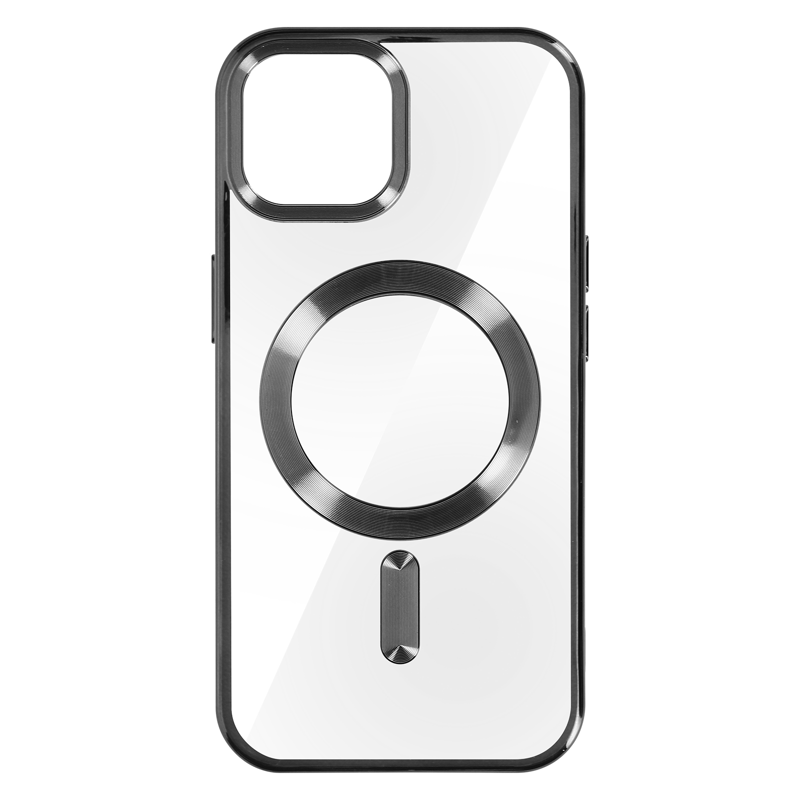 Custodia trasparente con bordo nero e magnete circolare. Magnete rettangolare in basso.