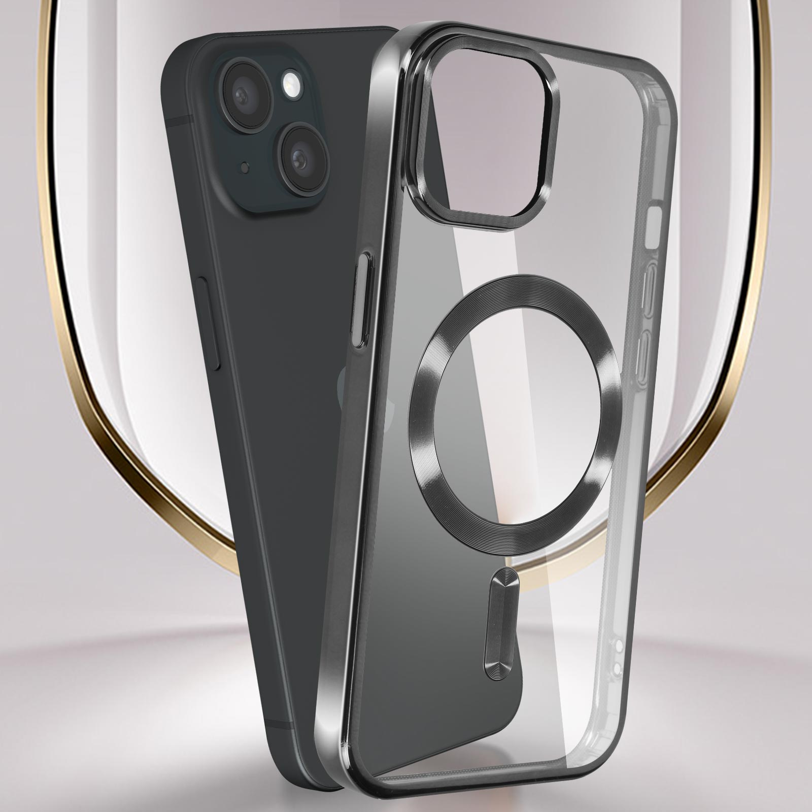 Custodia trasparente con anello metallico, con telefono nero, su sfondo bianco.