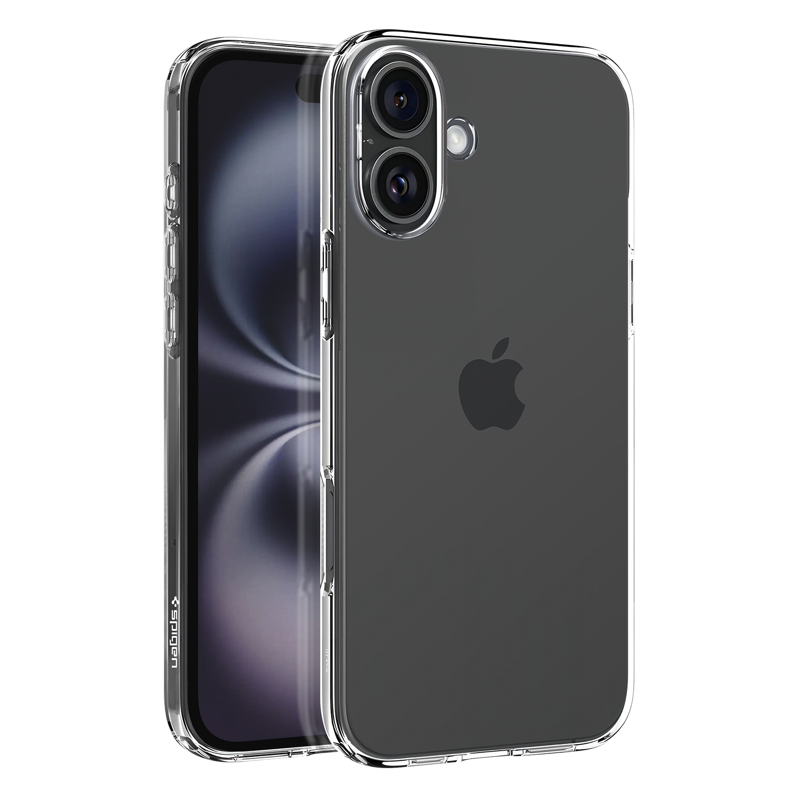 Telefono in una custodia trasparente. Il telefono ha due fotocamere e un logo Apple.