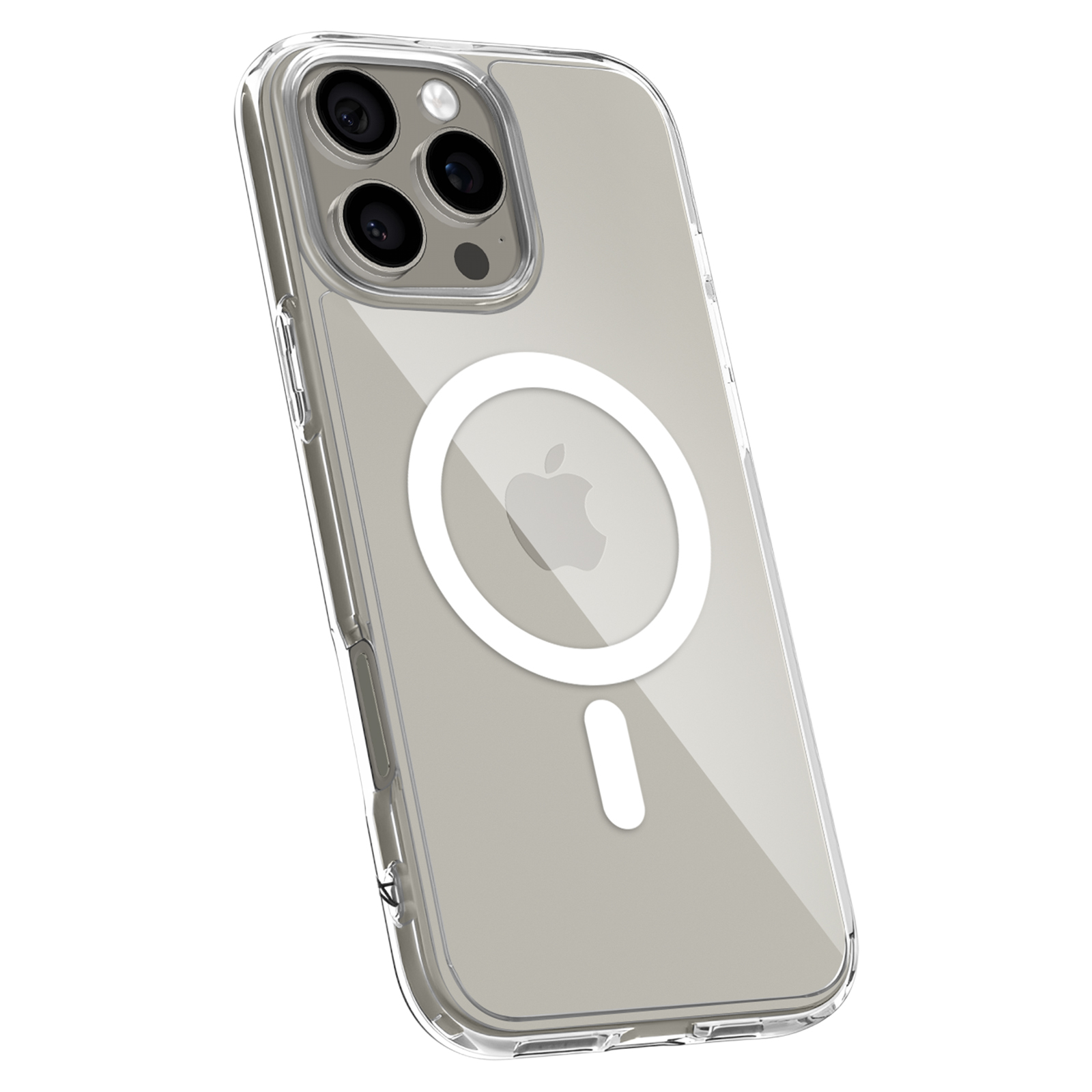 Transparente Handyhülle mit weißem Apple-Logo und Magnetkreis. Nahaufnahme. Weißer Hintergrund.