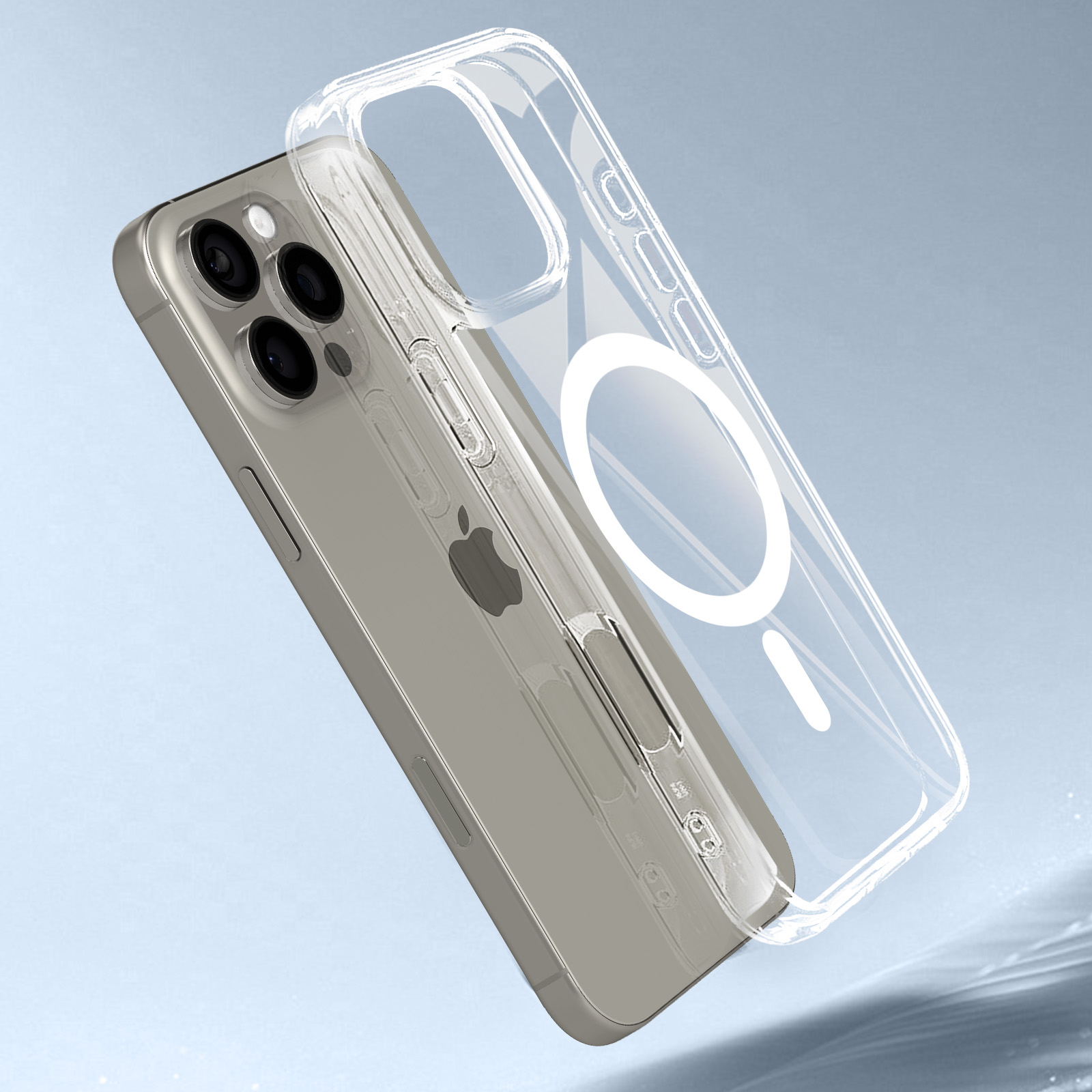 Transparente Handyhülle mit Handy. Die Hülle ist offen, das Handy sichtbar.