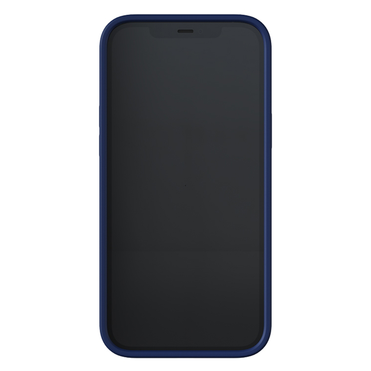 Custodia blu scuro con schermo nero. Il telefono è nella custodia.