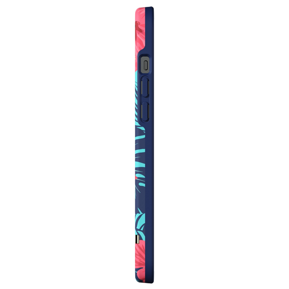 Custodia per telefono con design floreale blu e rosa. Lato con pulsanti e cornice scura.