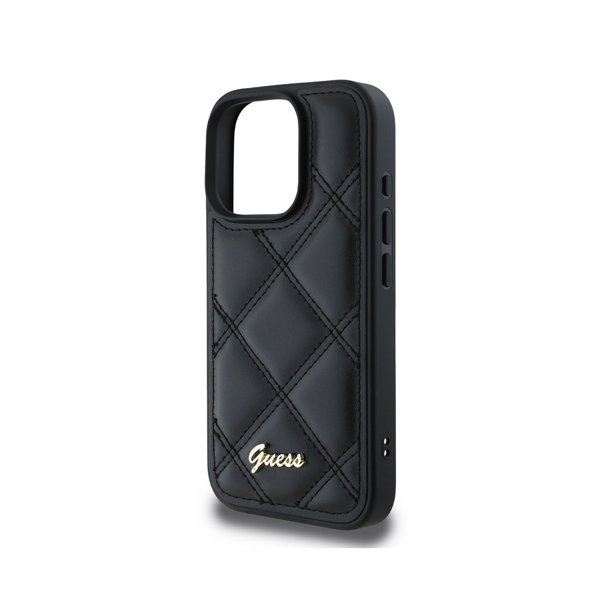 Custodia per telefono nera con motivo a diamante e logo Guess. Sfondo bianco.