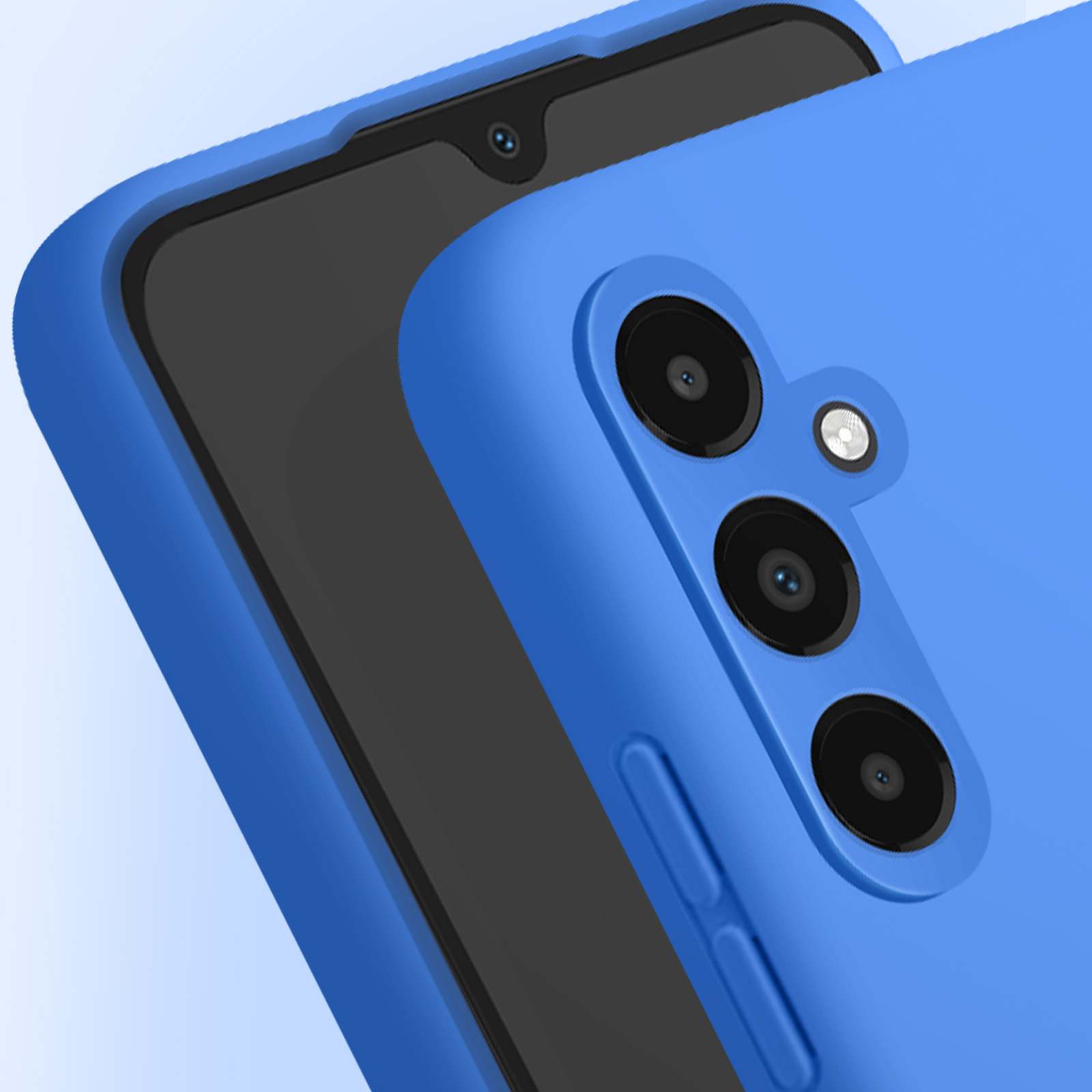Custodia blu per telefono con fori per la fotocamera. Si vede un telefono nero all'interno.
