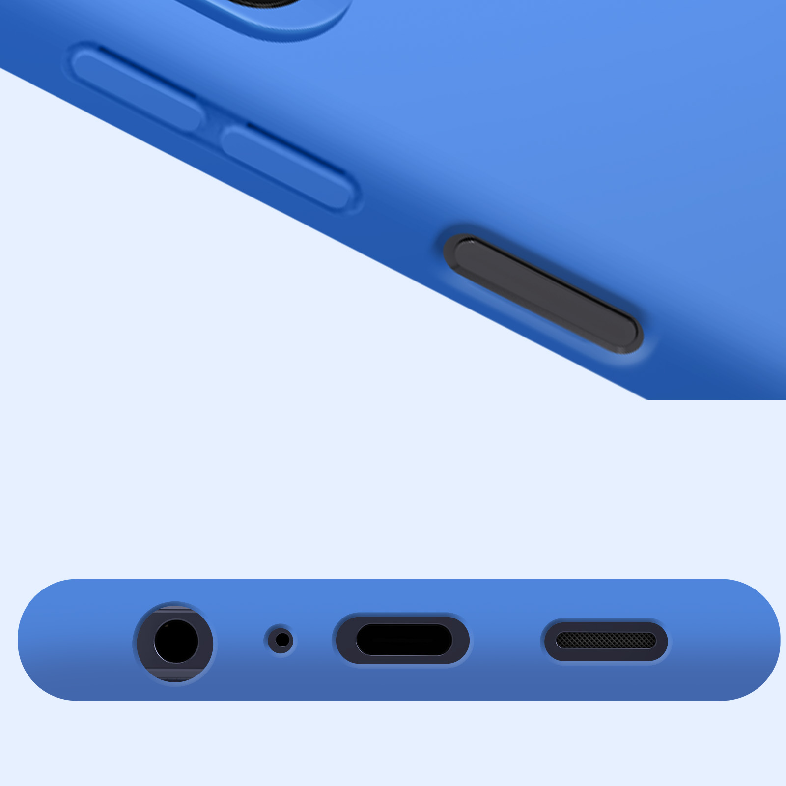 Primo piano, parte inferiore del telefono blu con porte e jack.