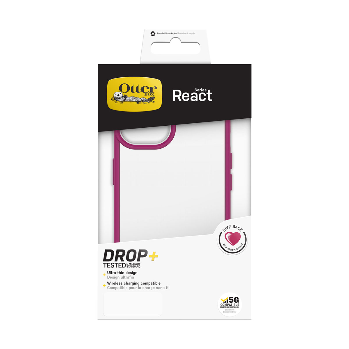 Confezione della custodia del telefono con bordo rosa, logo OtterBox e la parola 'React'.