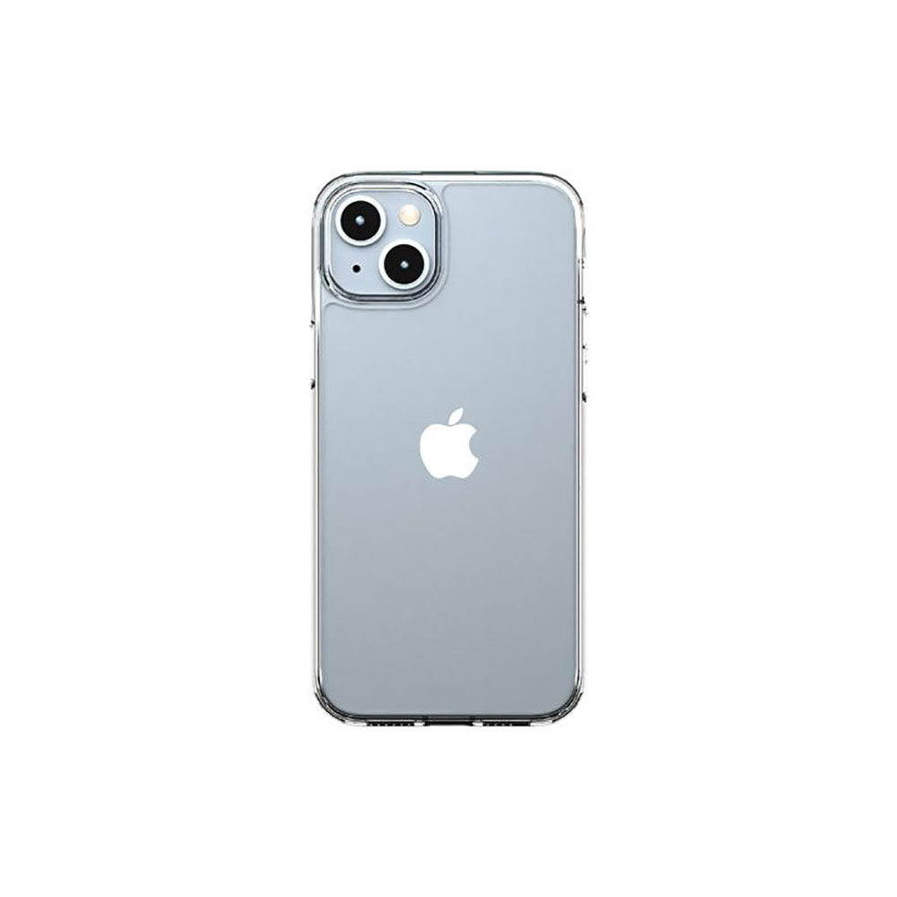 Custodia trasparente con due fotocamere e logo Apple su telefono azzurro.