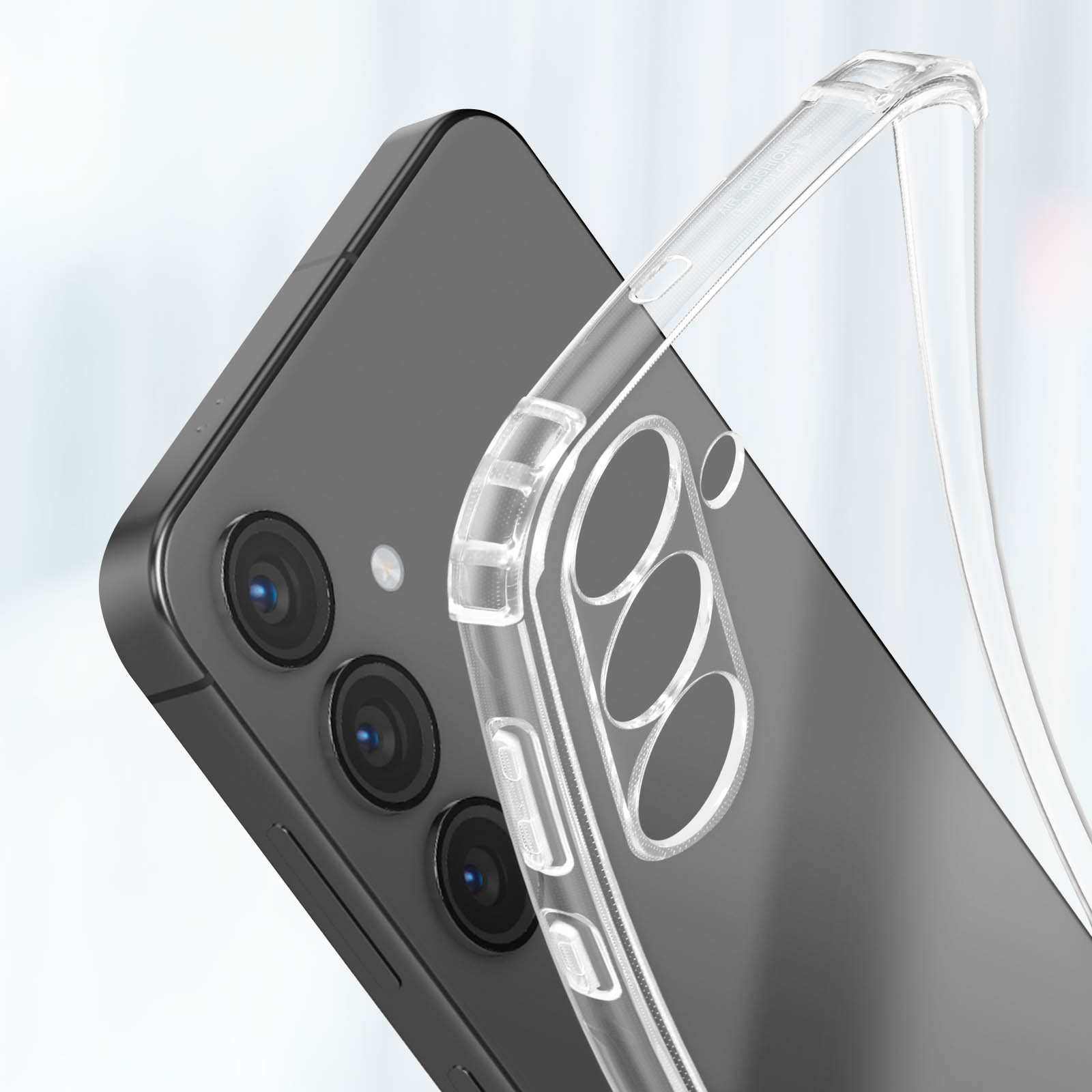 Custodia trasparente su un telefono. Le fotocamere del telefono sono visibili. La custodia è flessibile.