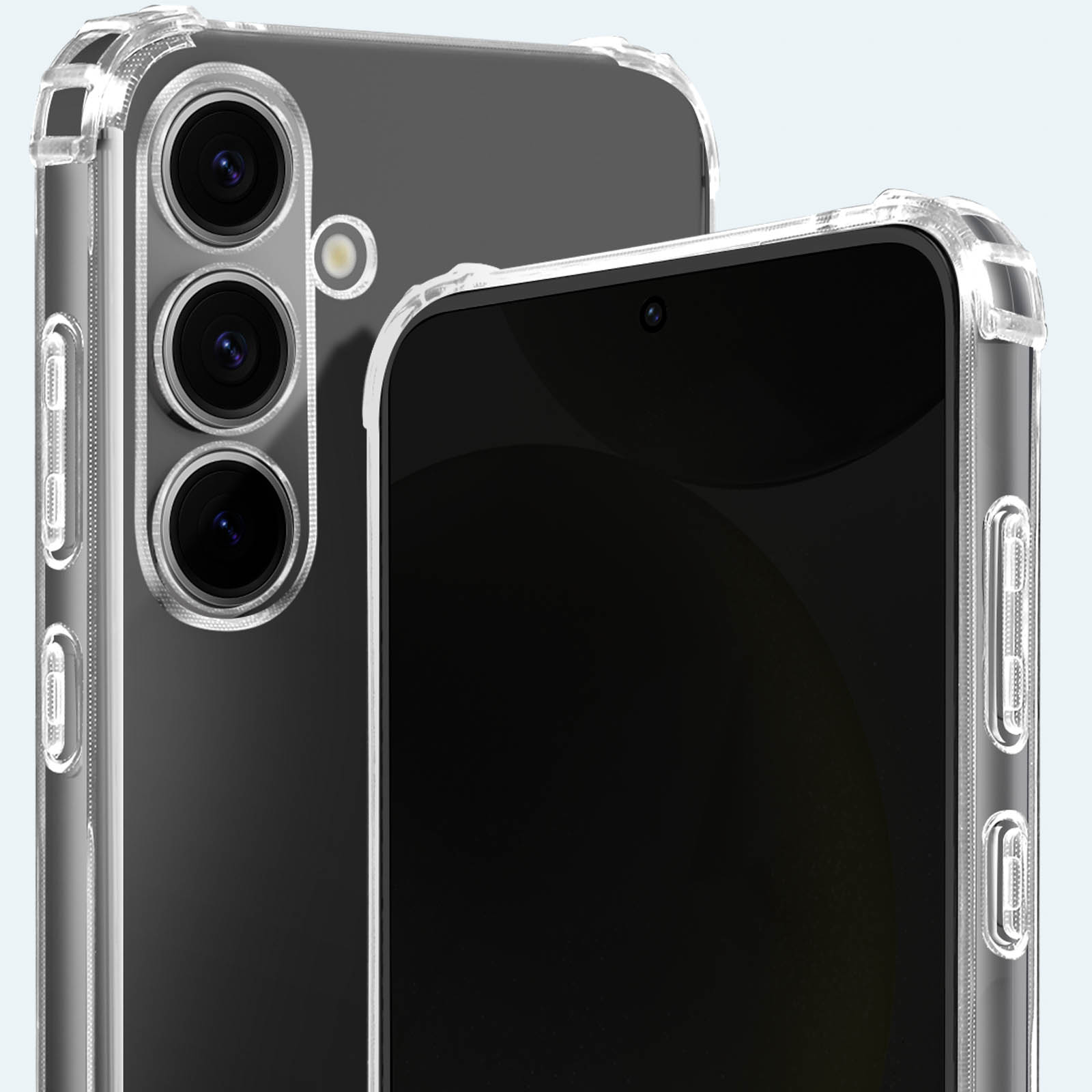 Primo piano di due telefoni in custodie protettive trasparenti. Un telefono ha tre fotocamere, entrambi hanno una cornice trasparente.