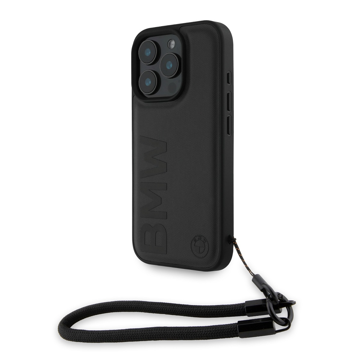 Schwarze Handyhülle mit BMW-Logo und Lanyard. Telefon hat mehrere Kameras.