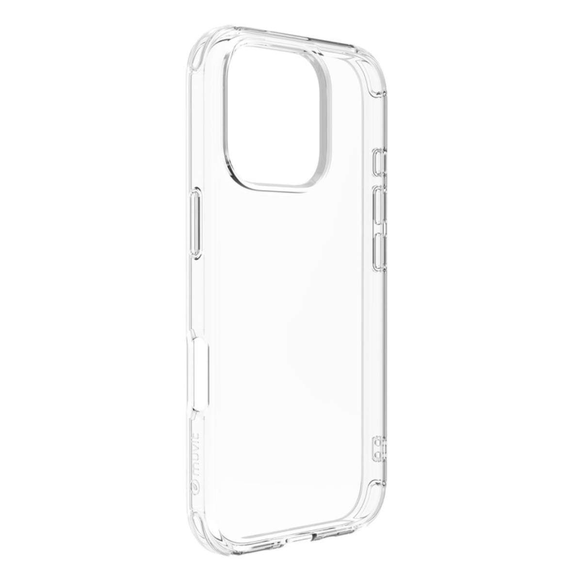 Custodia trasparente per telefono. Ha fori per fotocamera e pulsanti.