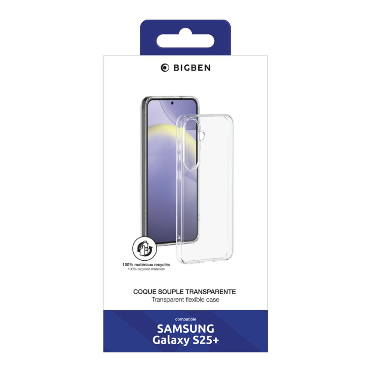 Una scatola con una custodia per telefono all'interno. La scatola dice BIGBEN e SAMSUNG Galaxy S25+.