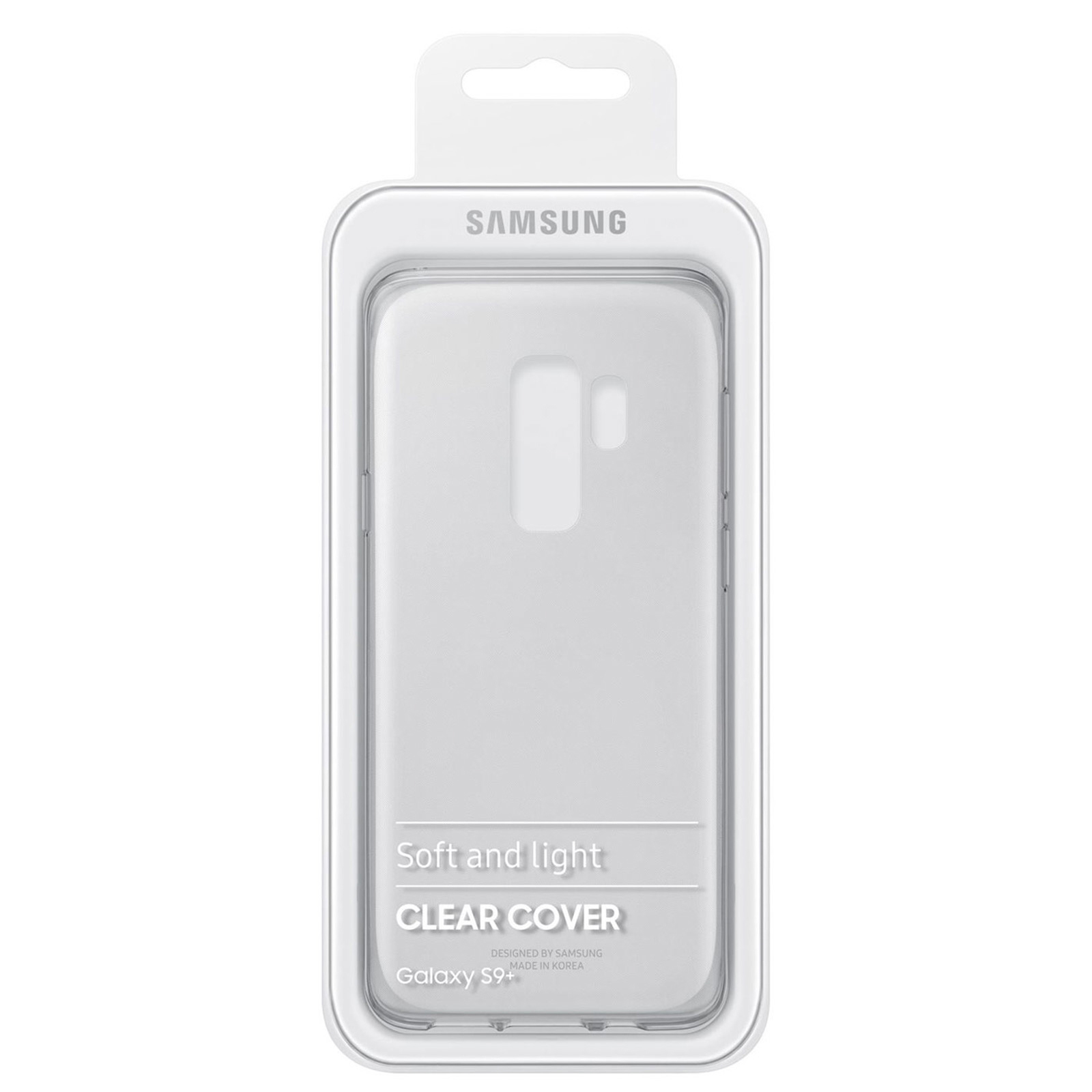 Custodia trasparente nella confezione. Dice "Soft and light" e "Clear Cover". Sfondo bianco.