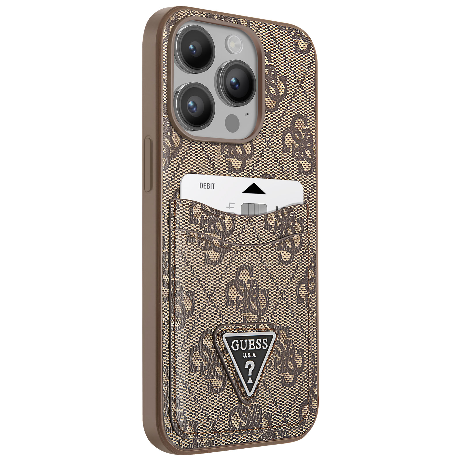 Un iPhone in una custodia Guess marrone con slot per schede e il logo Guess.
