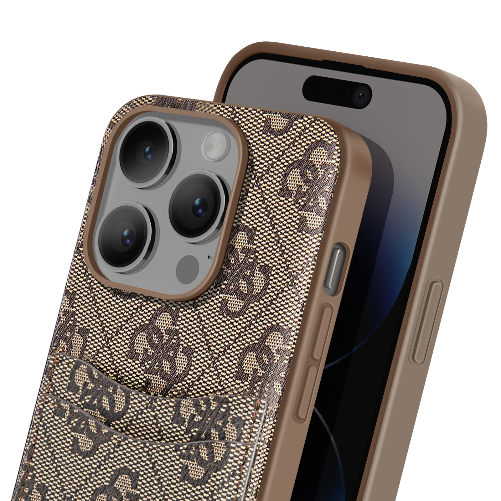 Custodia con logo Guess, motivo marrone. Telefono con più lenti.