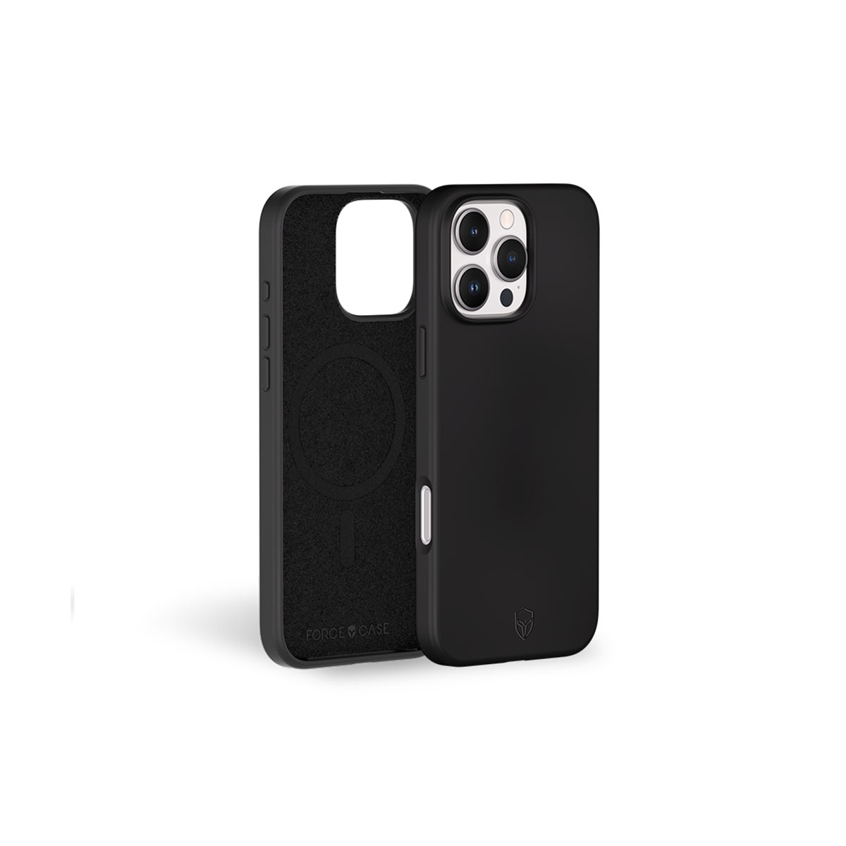 Custodia nera per telefono con interno nero. È visibile un attacco magnetico circolare.