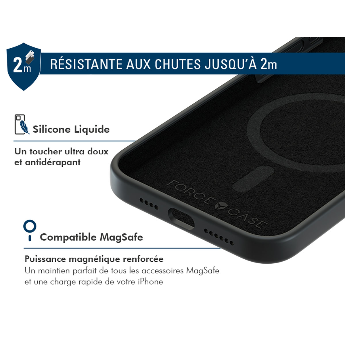 Un primo piano di una custodia per telefono con testo e icone. Mostra una custodia compatibile con MagSafe.