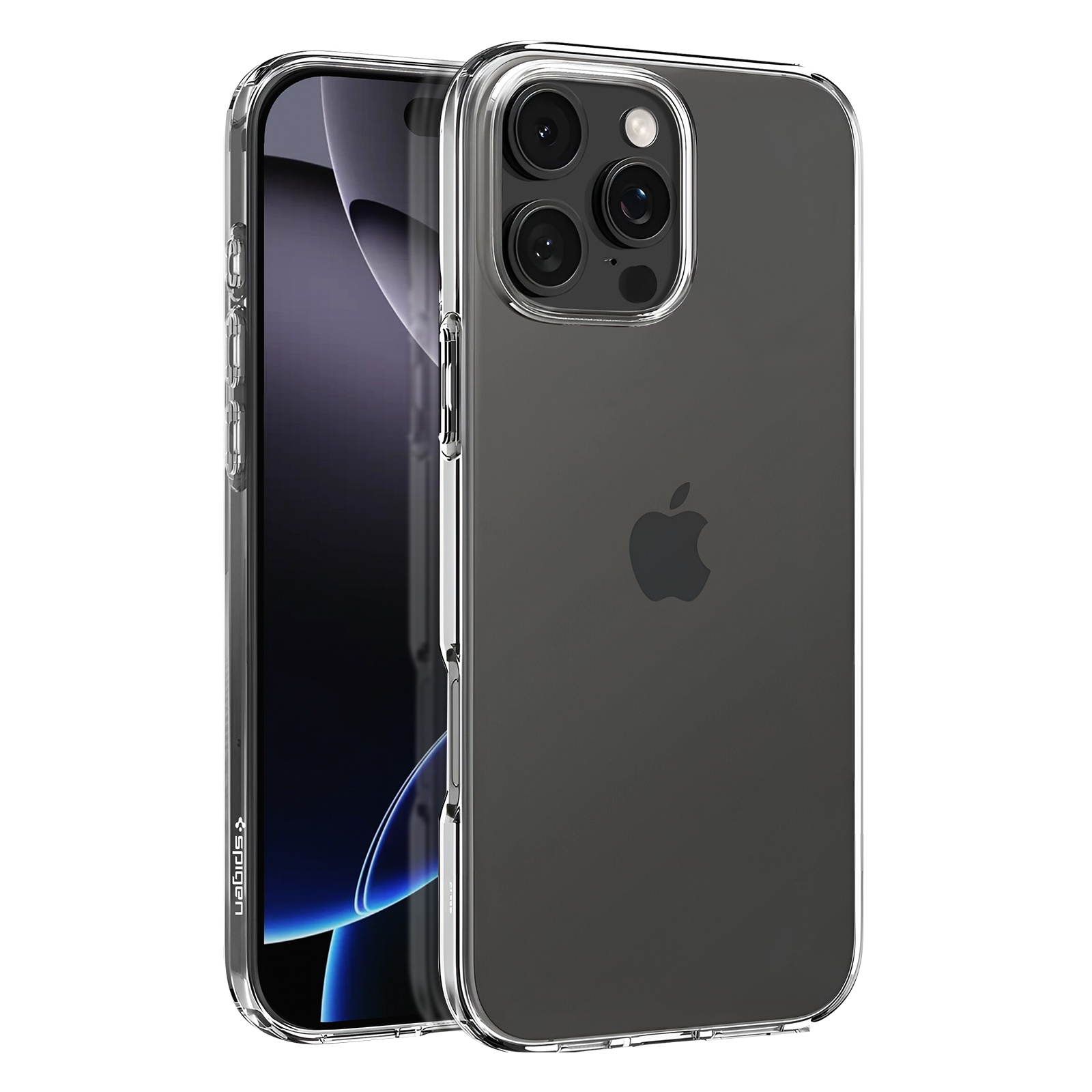 Custodia trasparente per iPhone. Un iPhone è racchiuso. La custodia ha un retro trasparente con logo Apple nero.