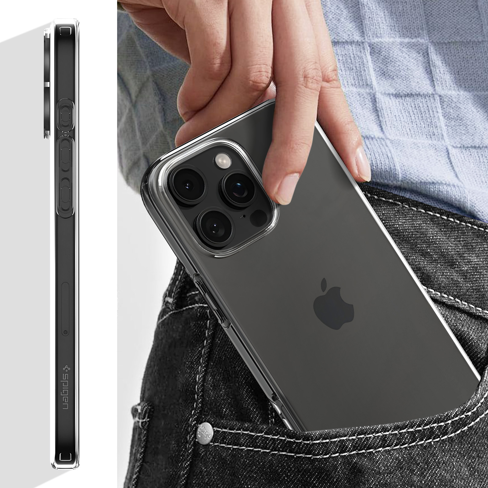 Una persona mette un telefono con custodia trasparente in una tasca dei jeans. Ha tre fotocamere, logo Apple.