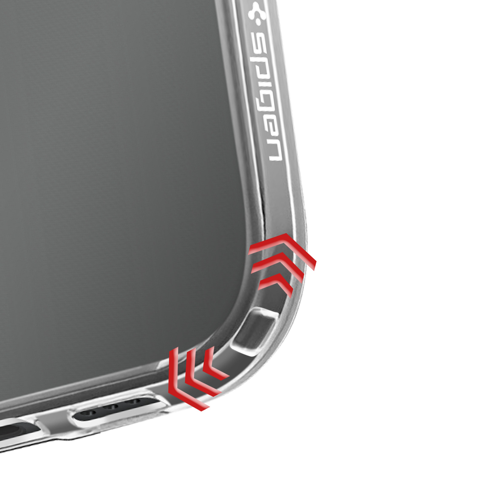 Primo piano di un angolo della custodia del telefono. Presenta un design trasparente con dettagli di frecce rosse e il logo 'Spigen'.