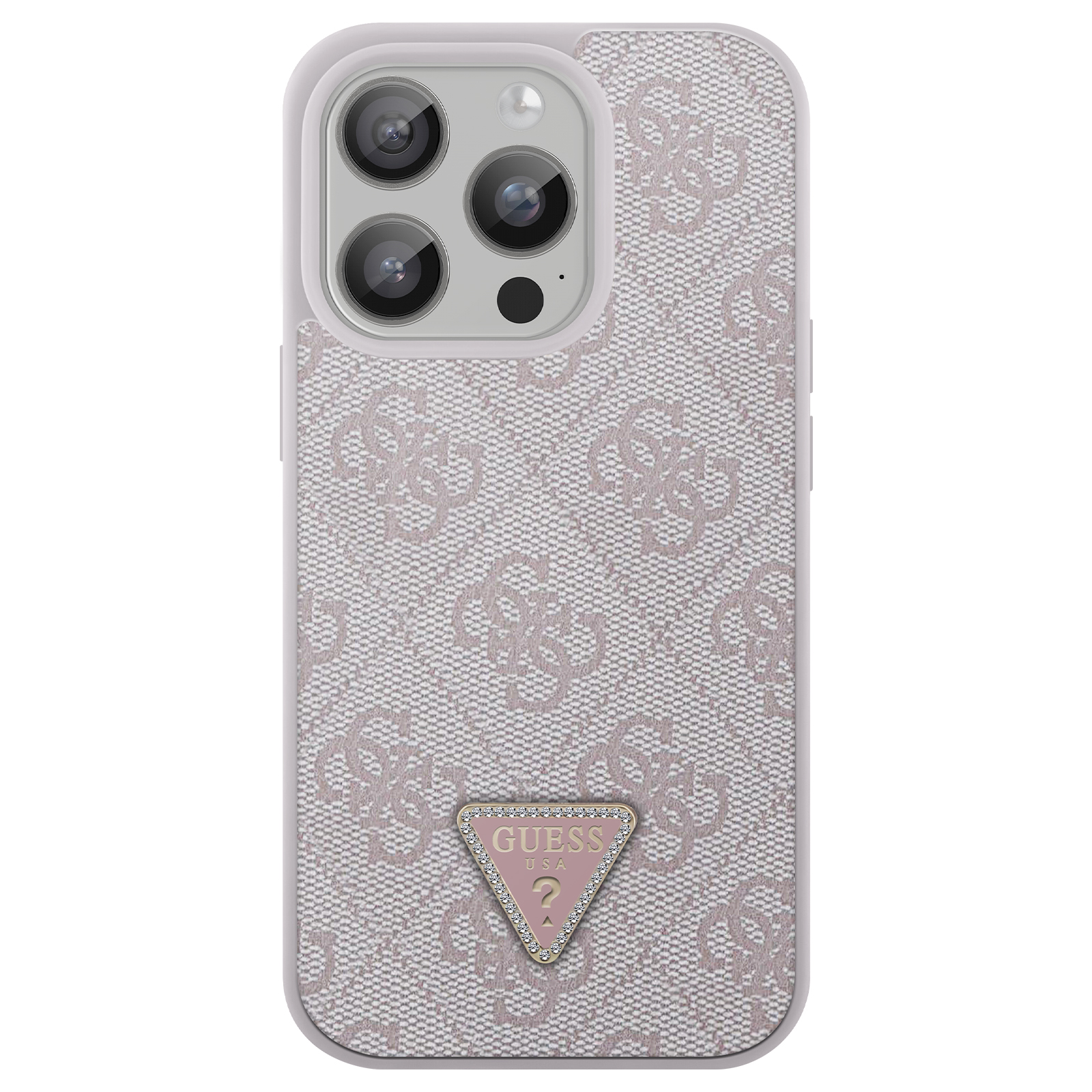 Handyhülle mit hellrosa Hintergrund, Guess-Logo und Muster. Die Handyhülle hat einen silbernen Rand.