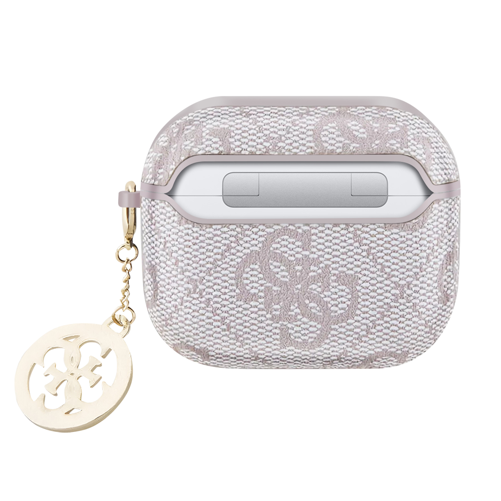 Custodia AirPods, rosa chiaro con motivo floreale e ciondolo dorato.