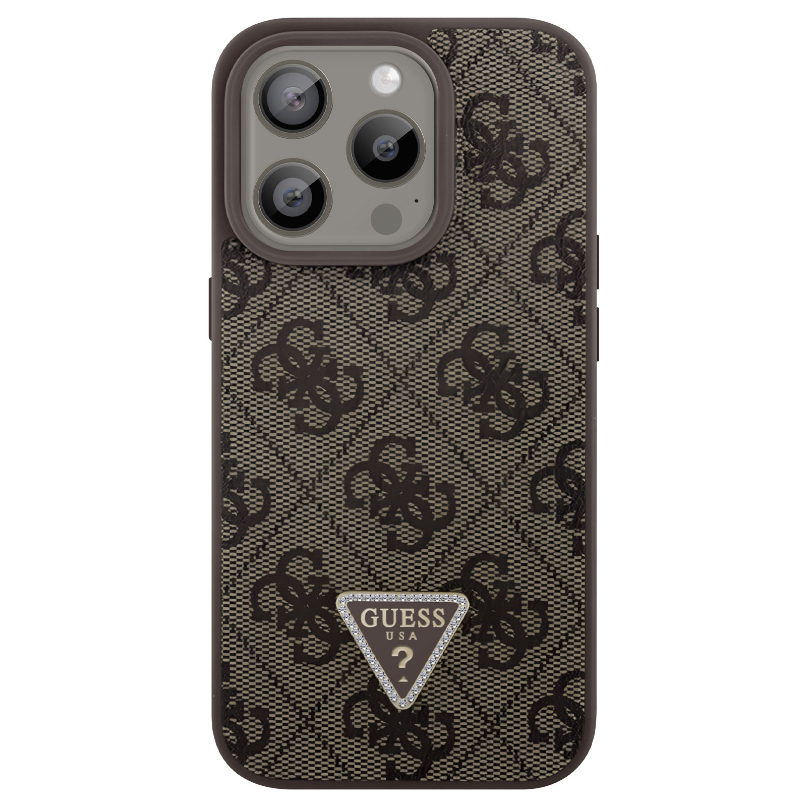 Una custodia per telefono Guess marrone con un motivo a logo ripetuto e un logo Guess USA con diamante.