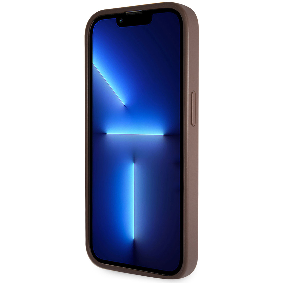 Custodia marrone per telefono con schermo che mostra un design a luce blu.