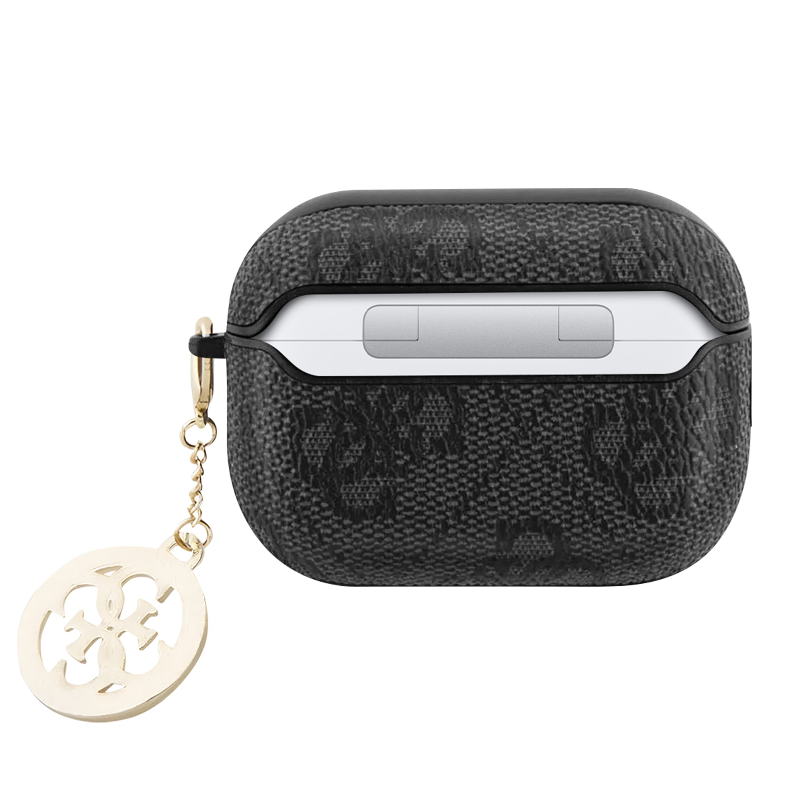 Una custodia per AirPods Guess nera con un ciondolo dorato. La custodia è aperta.