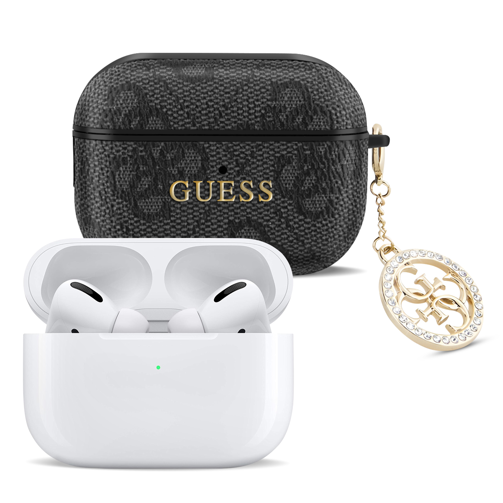 Custodia nera con logo GUESS dorato e ciondolo dorato. Auricolari bianchi in una custodia.