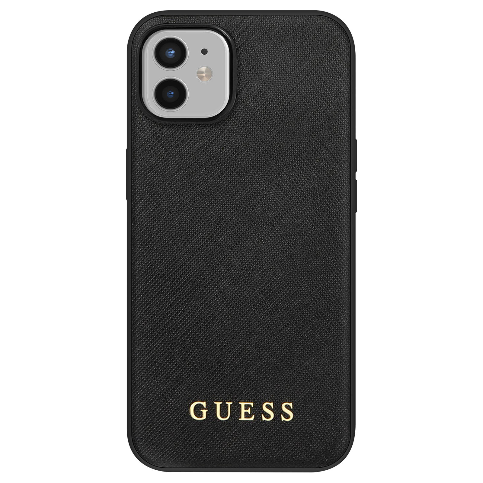 Custodia nera con logo 'GUESS' dorato, sfondo nero.