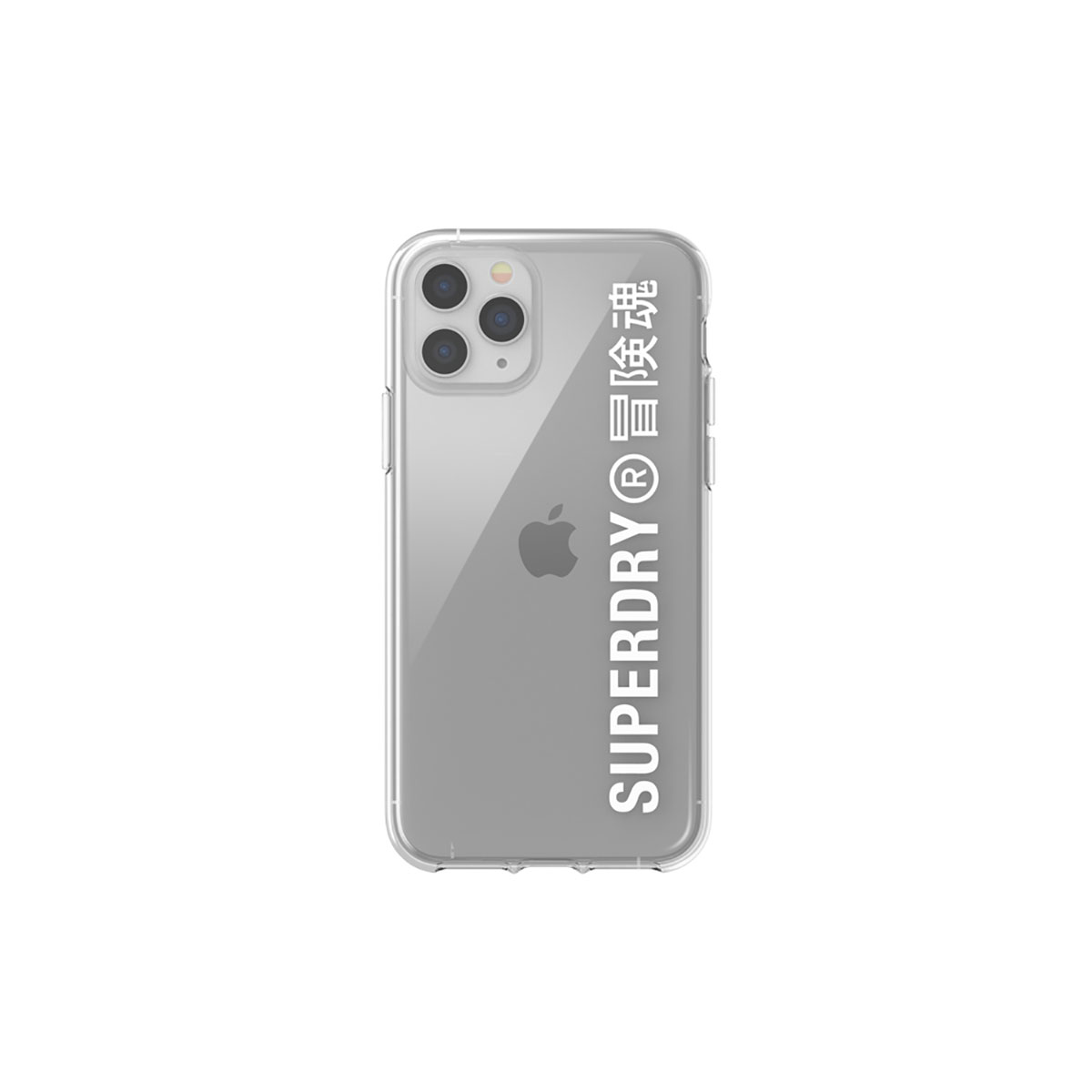 Custodia trasparente con logo Superdry. Sfondo bianco.