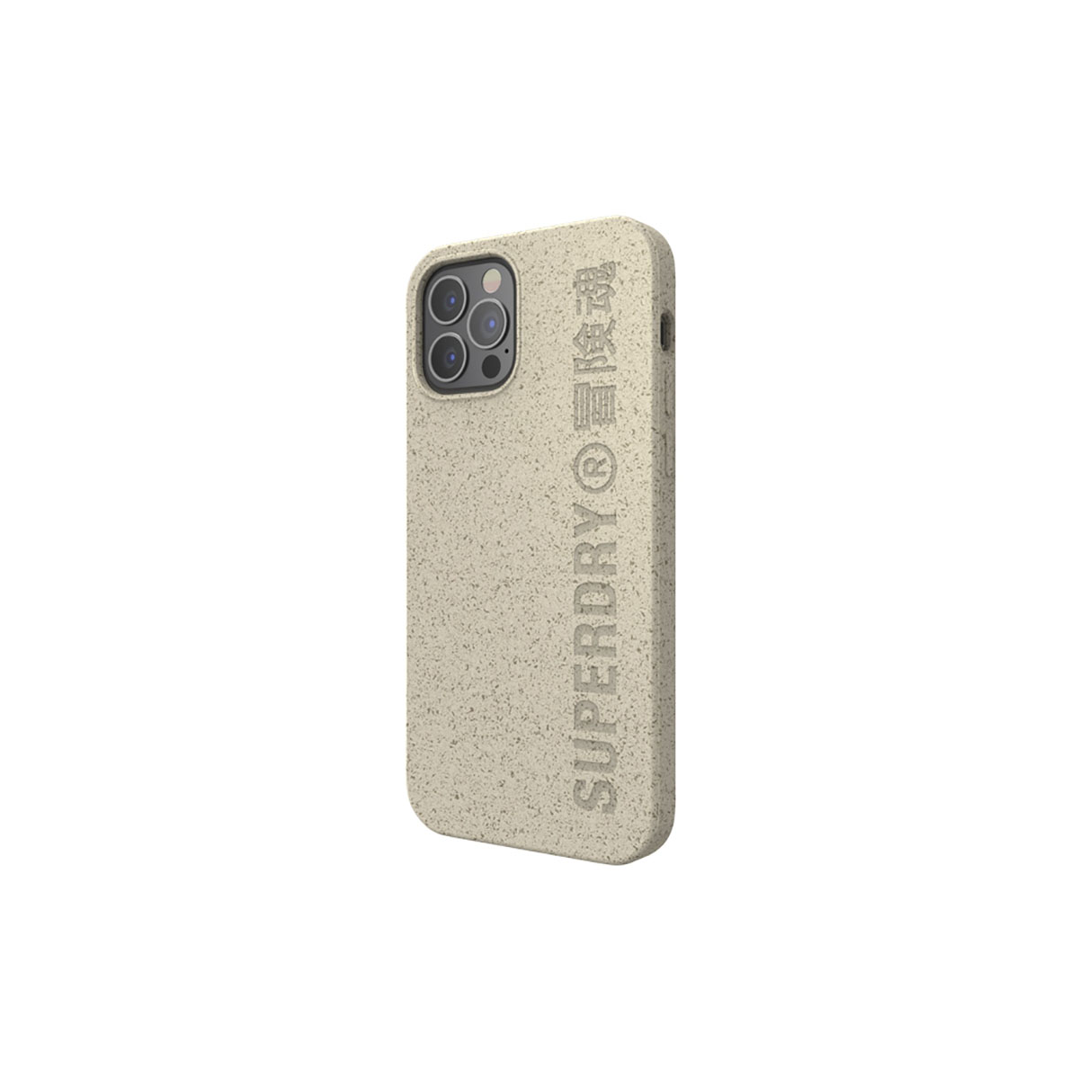 Custodia per telefono beige con il logo Superdry e caratteri cinesi su sfondo bianco.