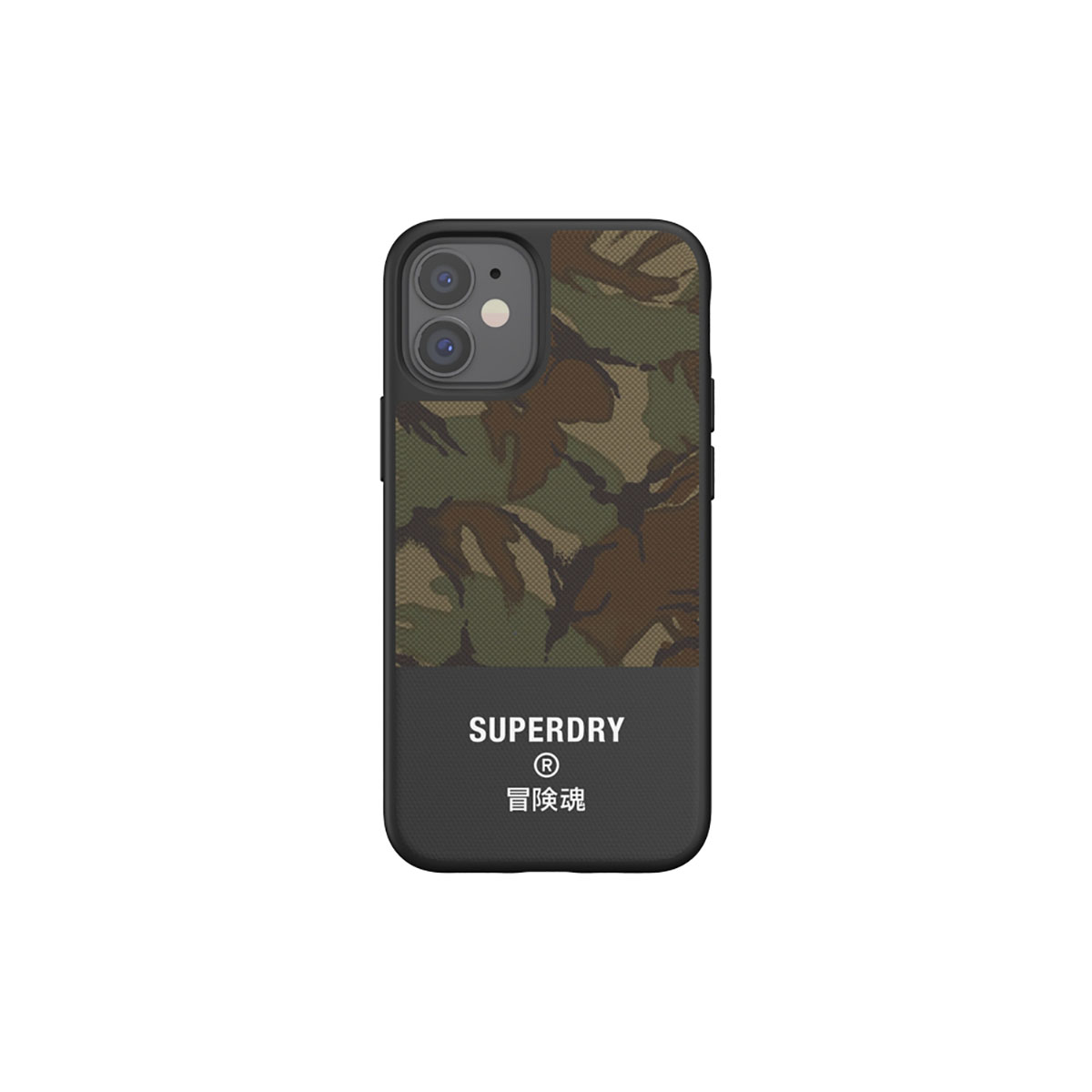 Custodia per telefono con design mimetico e logo Superdry su sfondo bianco.