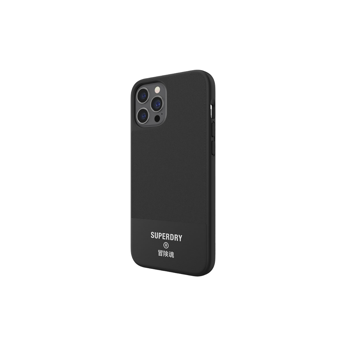 Custodia nera per telefono con logo Superdry. Ha una superficie strutturata.