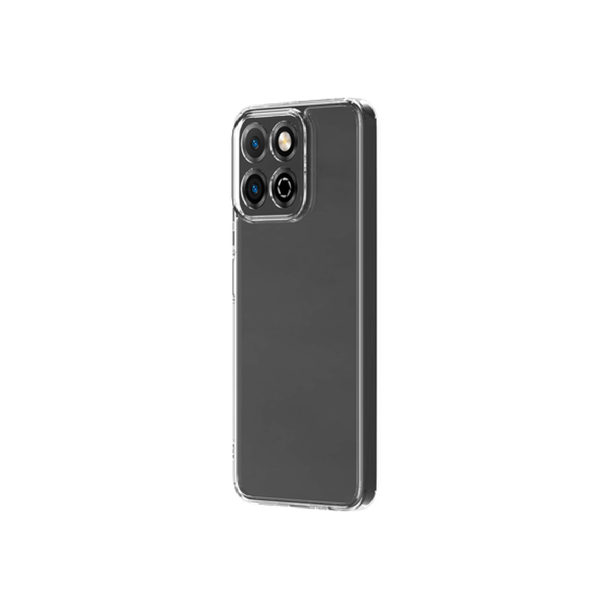 Telefono in una custodia trasparente. La custodia ha quattro obiettivi e un retro nero.