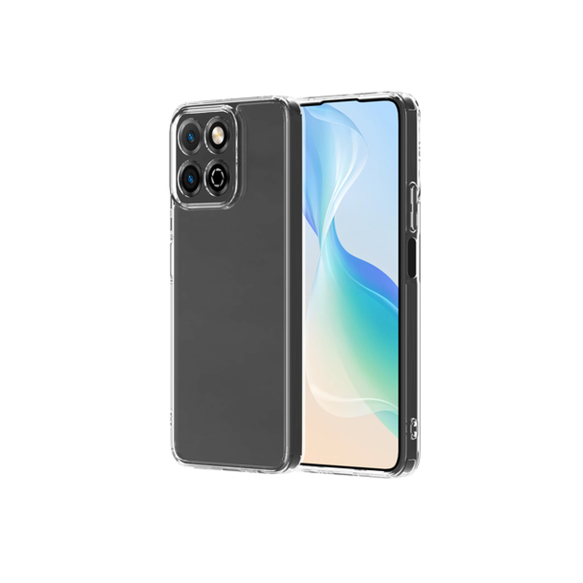 Custodia trasparente per telefono su un telefono con più fotocamere posteriori. Sfondo bianco.