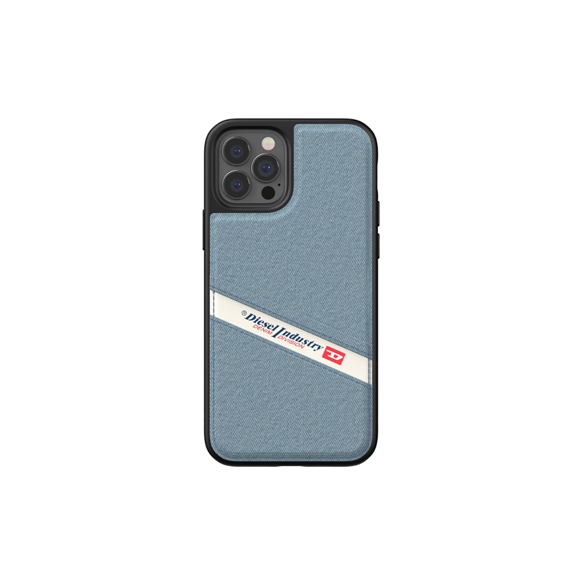 Custodia blu in denim con una striscia bianca con logo Diesel. Telefono nero nella custodia.
