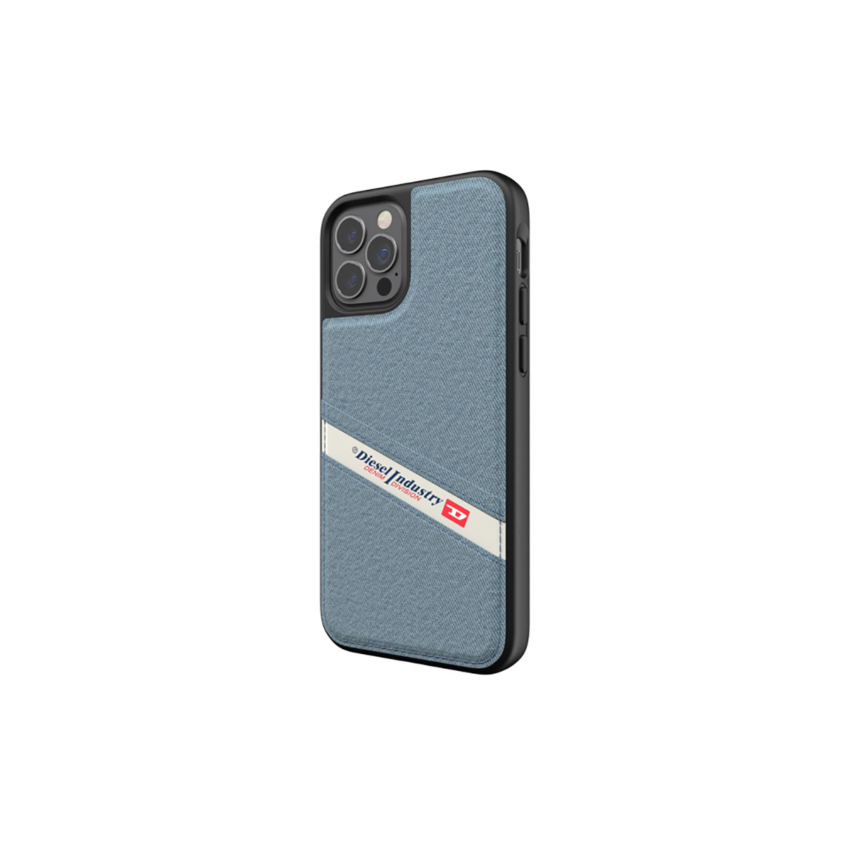 Custodia per telefono con logo Diesel. Blu chiaro con striscia bianca e logo Diesel rosso.
