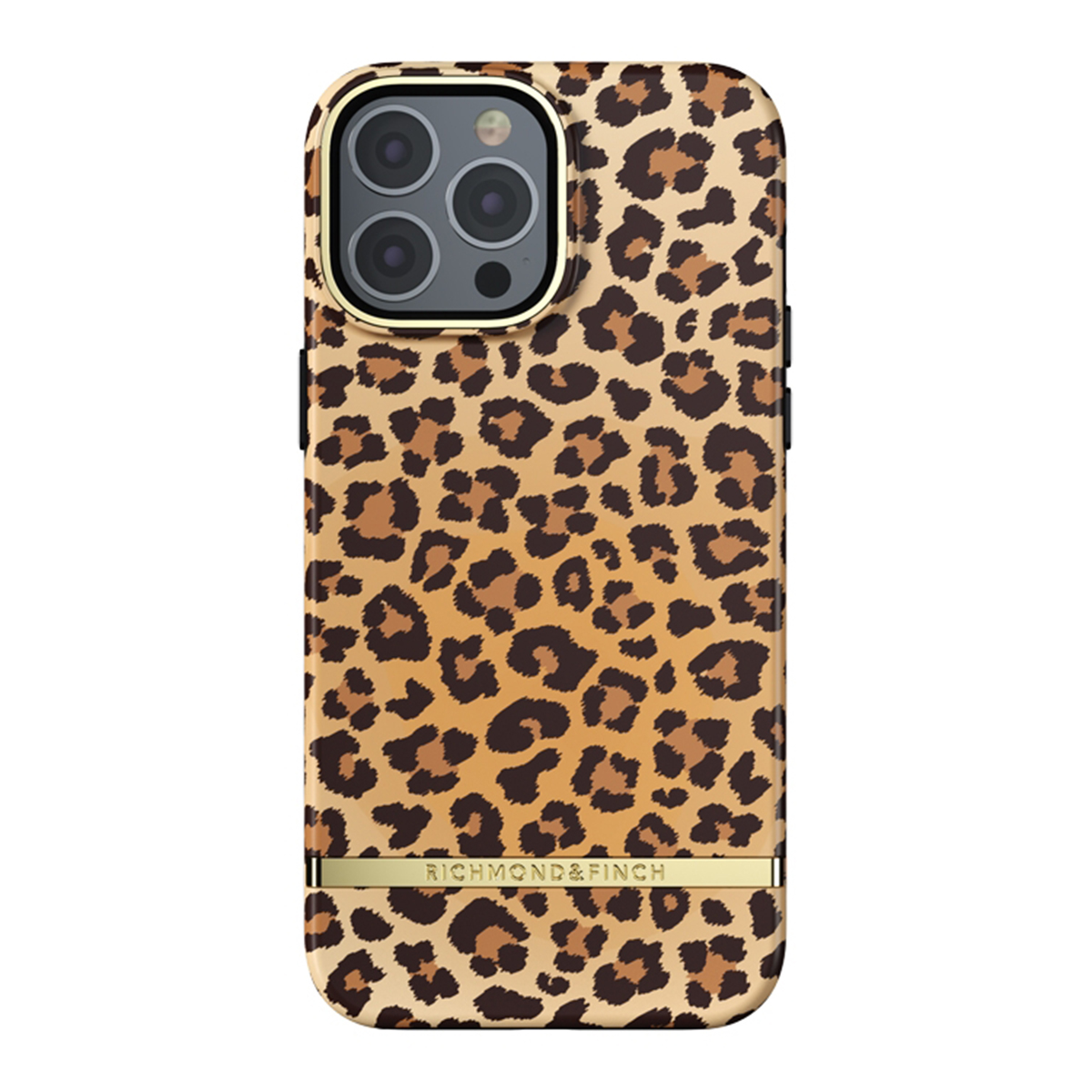 Custodia per telefono con stampa leopardata e dettagli dorati, con un telefono dentro.