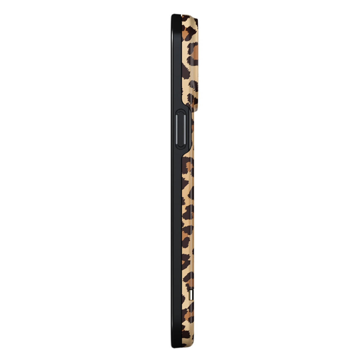 Custodia con stampa leopardata e bordo nero.