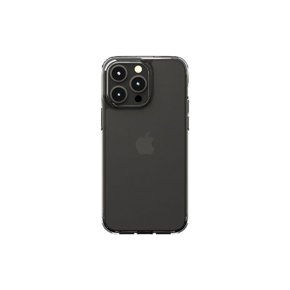 Telefono con custodia trasparente su sfondo bianco. Il telefono ha tre fotocamere.