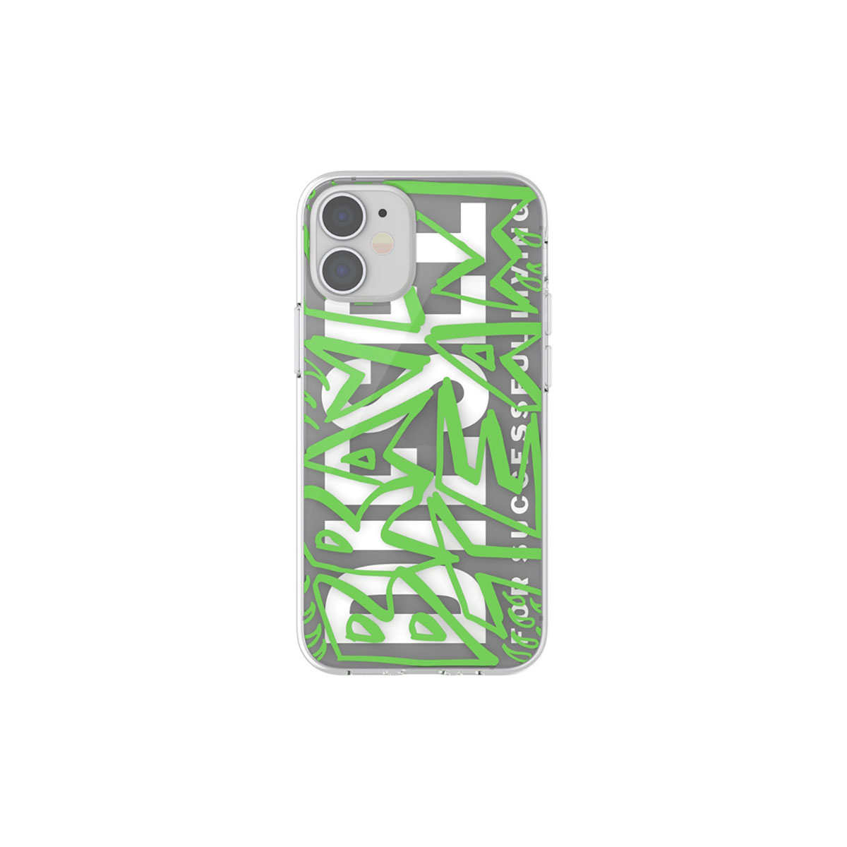 Custodia trasparente con grafica "DIESEL" verde. Sfondo bianco.