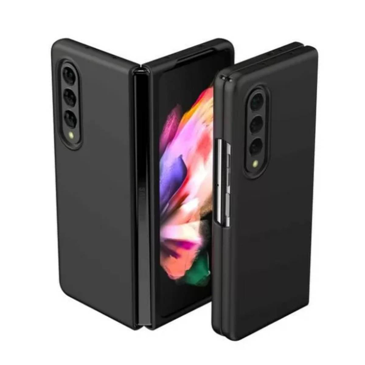 Custodia nera per telefono piegata con un telefono all'interno e l'altra parte del telefono.